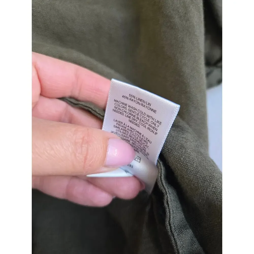 Express Olive Green Linen Blend Puff Sleeve V-Neck Blouse Size XL